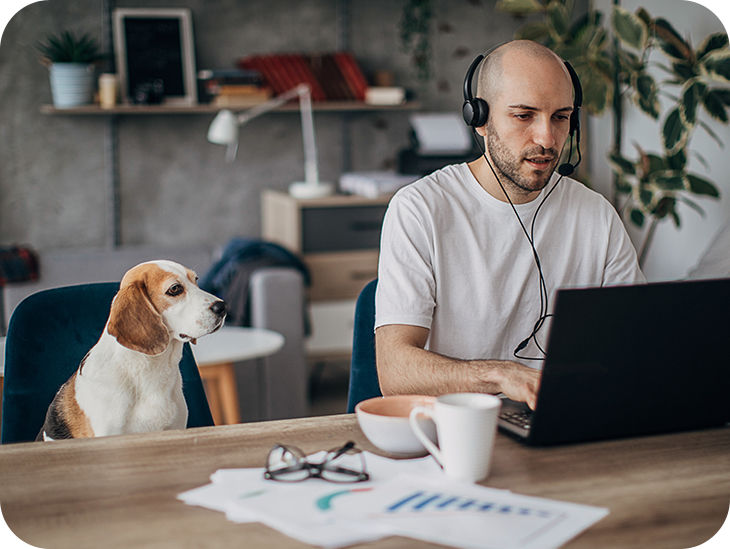 Mann sitzt an seinem Laptop, neben ihm sitzt sein Hund. 