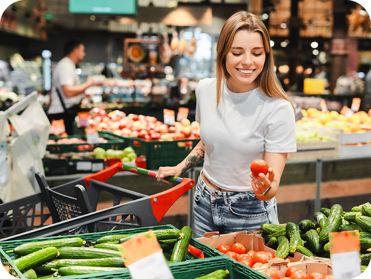 Frau im Supermarkt am Gemüsestand hält eine Tomate in der Hand