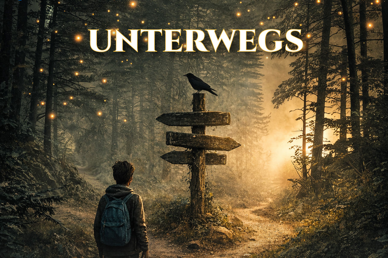 Bildmotiv des Schreibwettbewerbs mit der Überschrift: UNTERWEGS