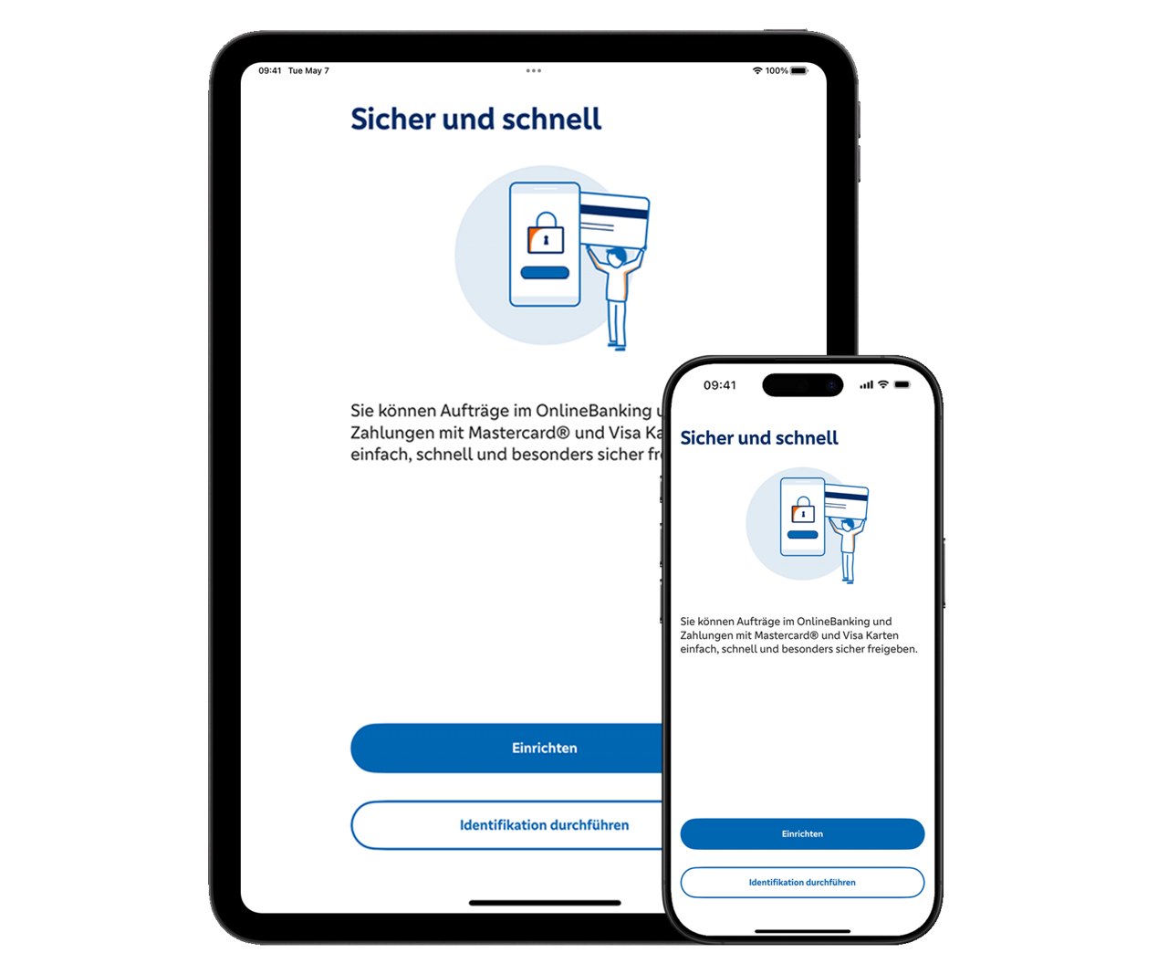 SpardaSecureGo+ App Einrichtungsseite an einem Tablet und einem Smartphone