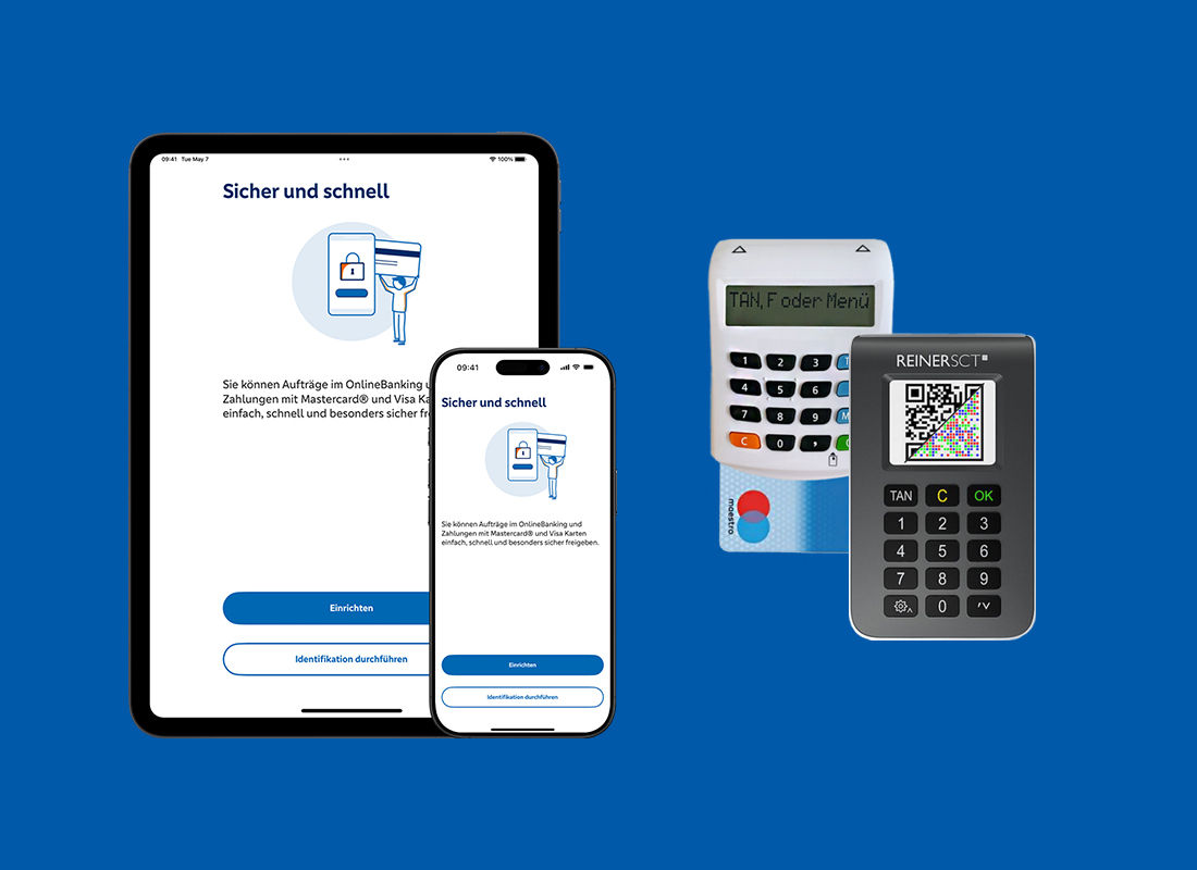 Tablet und Smartphone mit geöffneter SpardaSecureGo+ App. Rechts daneben ist ein weißer und ein schwarzer chipTAN-Generator zu sehen