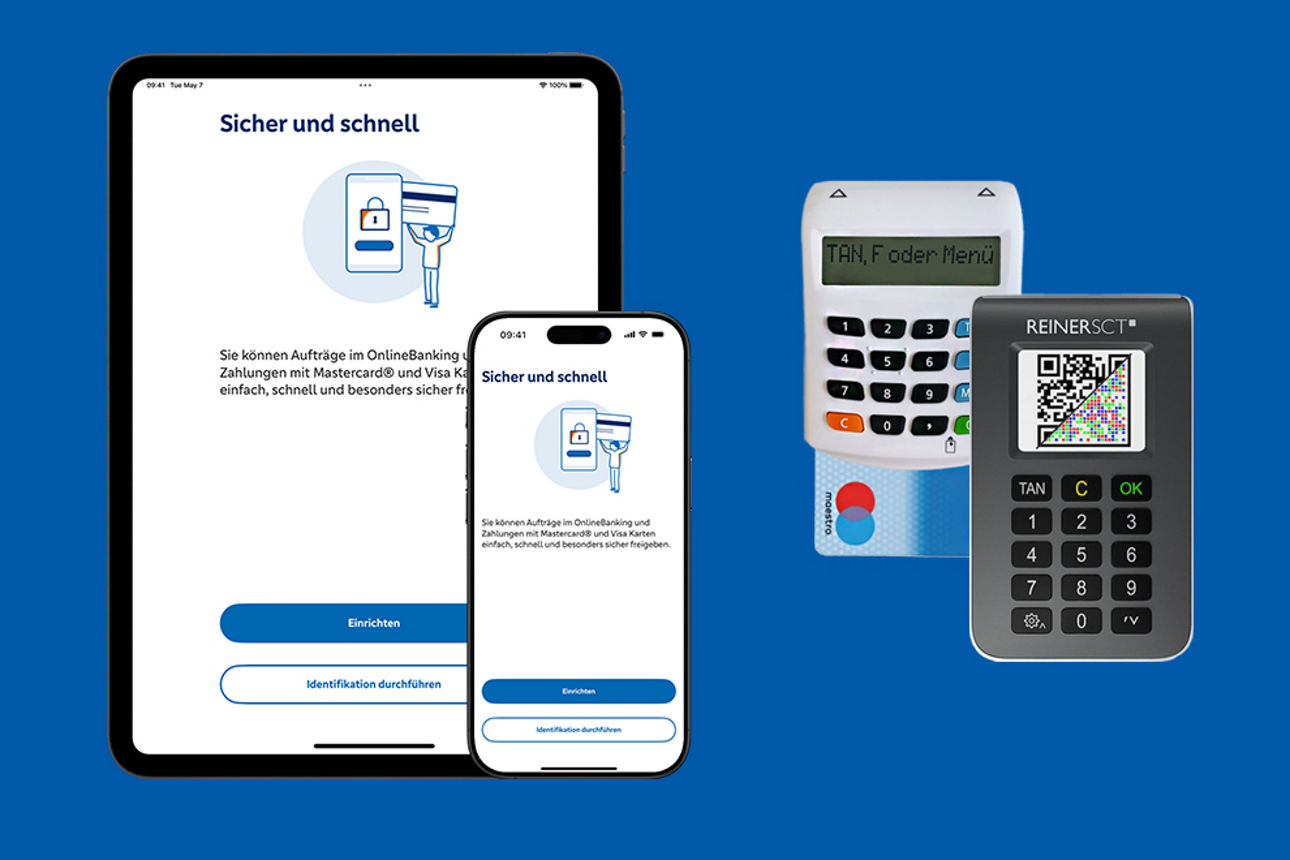 Tablet und Smartphone mit geöffneter SpardaSecureGo+ App. Rechts daneben ist ein weißer und ein schwarzer chipTAN-Generator zu sehen