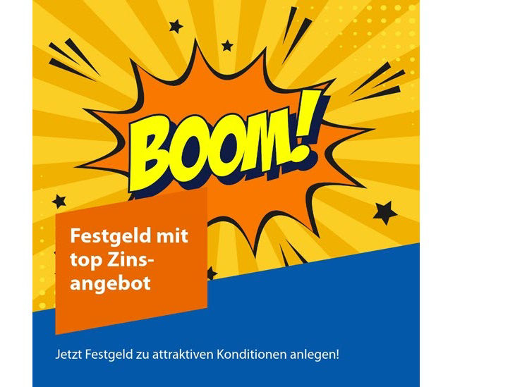 Eine Grafik im Comicstil mit den Worten "Boom" und "Festgeld mit top Zinsangebot"