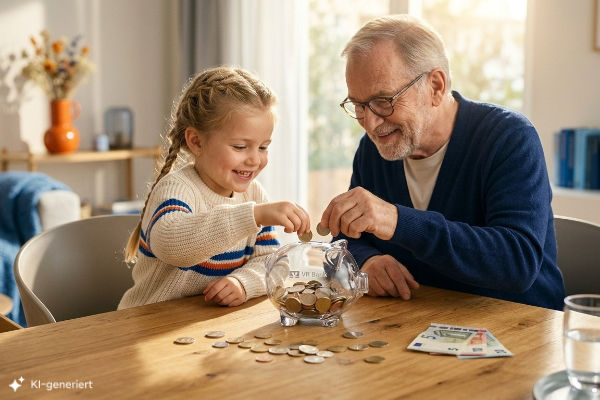Großvater und Enkelin sparen gemeinsam mit einem Sparschwein in einem sonnigen Wohnzimmer.