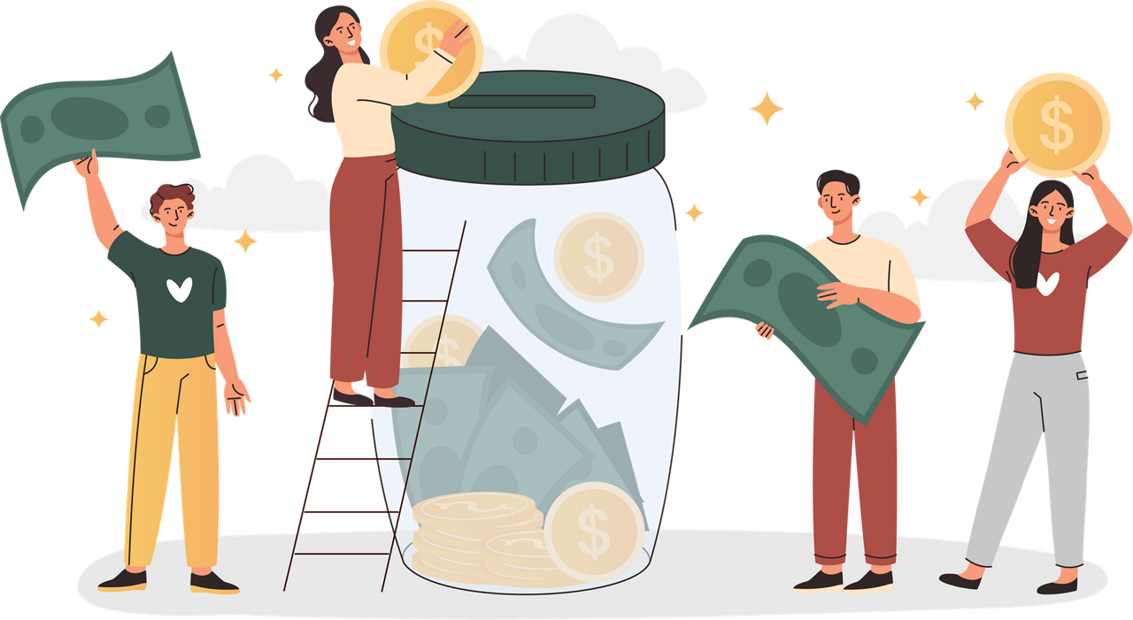 Illustration mehrerer Menschen, die Geld in ein Glas werfen