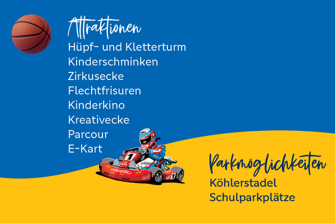 Blau gelber Hintergrund mit Motiven von unseren Attraktionen am Sparevent.