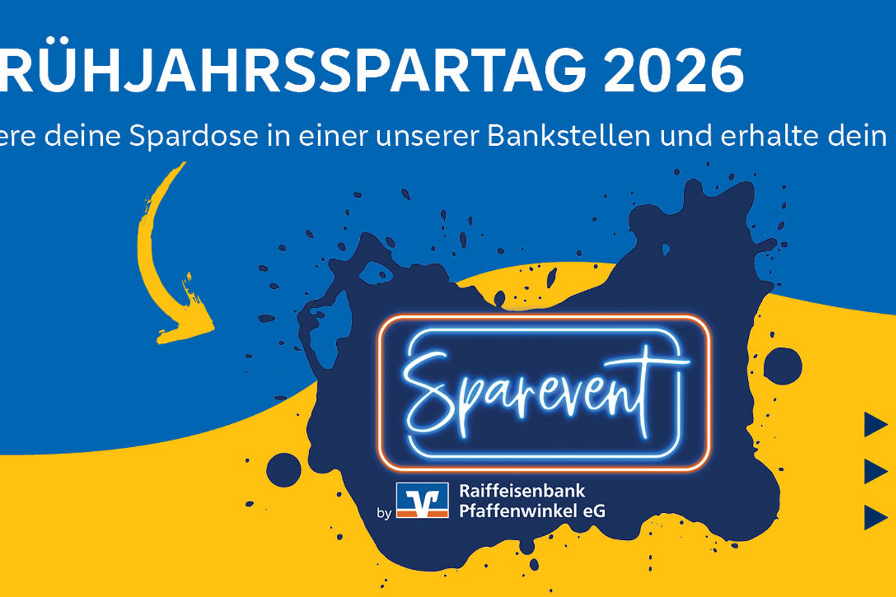 Blau gelber Hintergrund mit Logo vom Sparevent der Raiffeisenbank Pfaffenwinkel eG. 