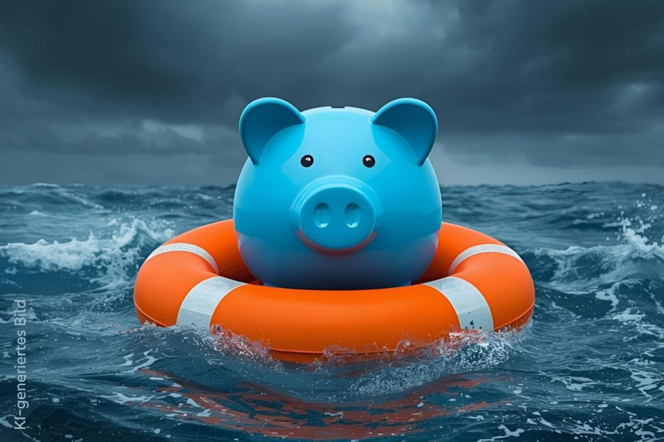 Ein Sparschwein in einem orangenen Rettungsring auf einer Welle. 