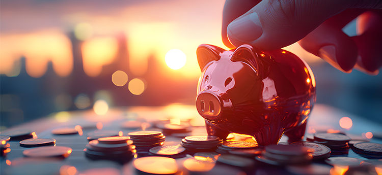 Sparschwein mit Münzen und Hand vor Skyline Sonnenuntergang