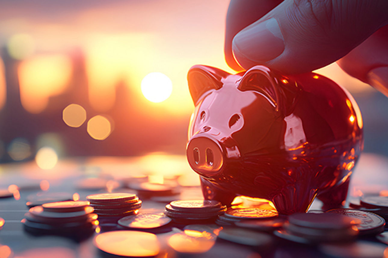 Sparschwein mit Münzen und Hand vor Skyline Sonnenuntergang