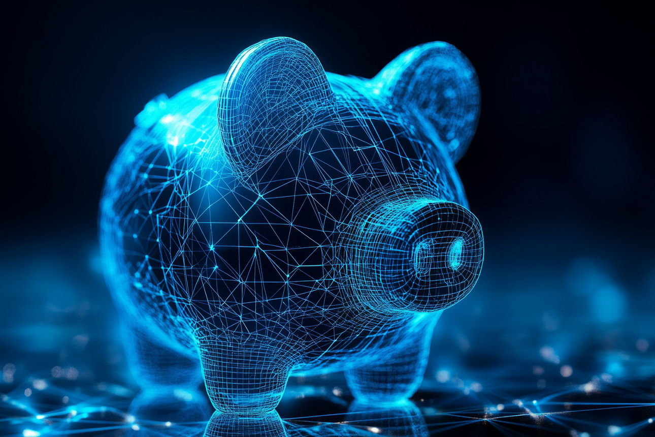Futuristisch dargestelltes Sparschwein mit blauen Linien