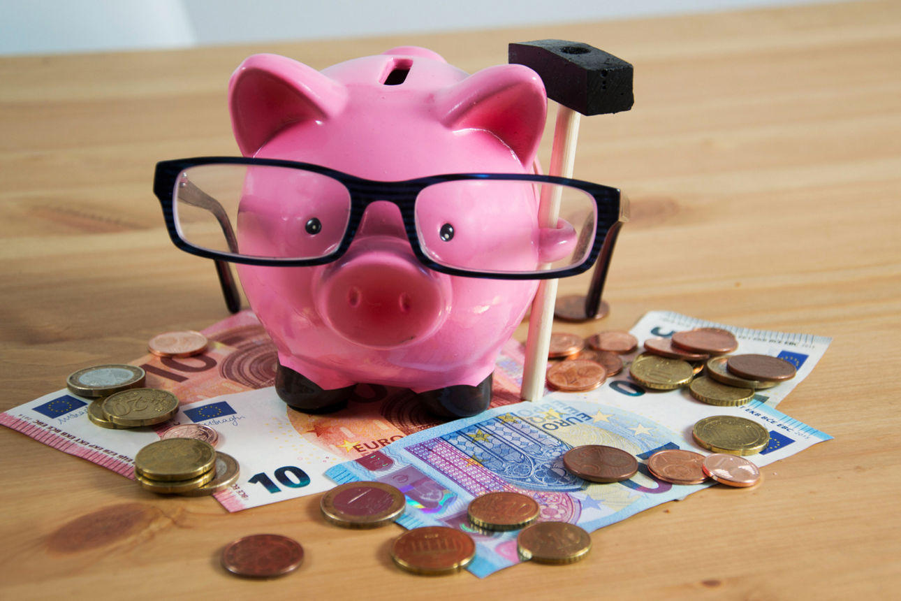 Sparschwein mit Brille und Hammer steht auf Geldscheinen und Münzen