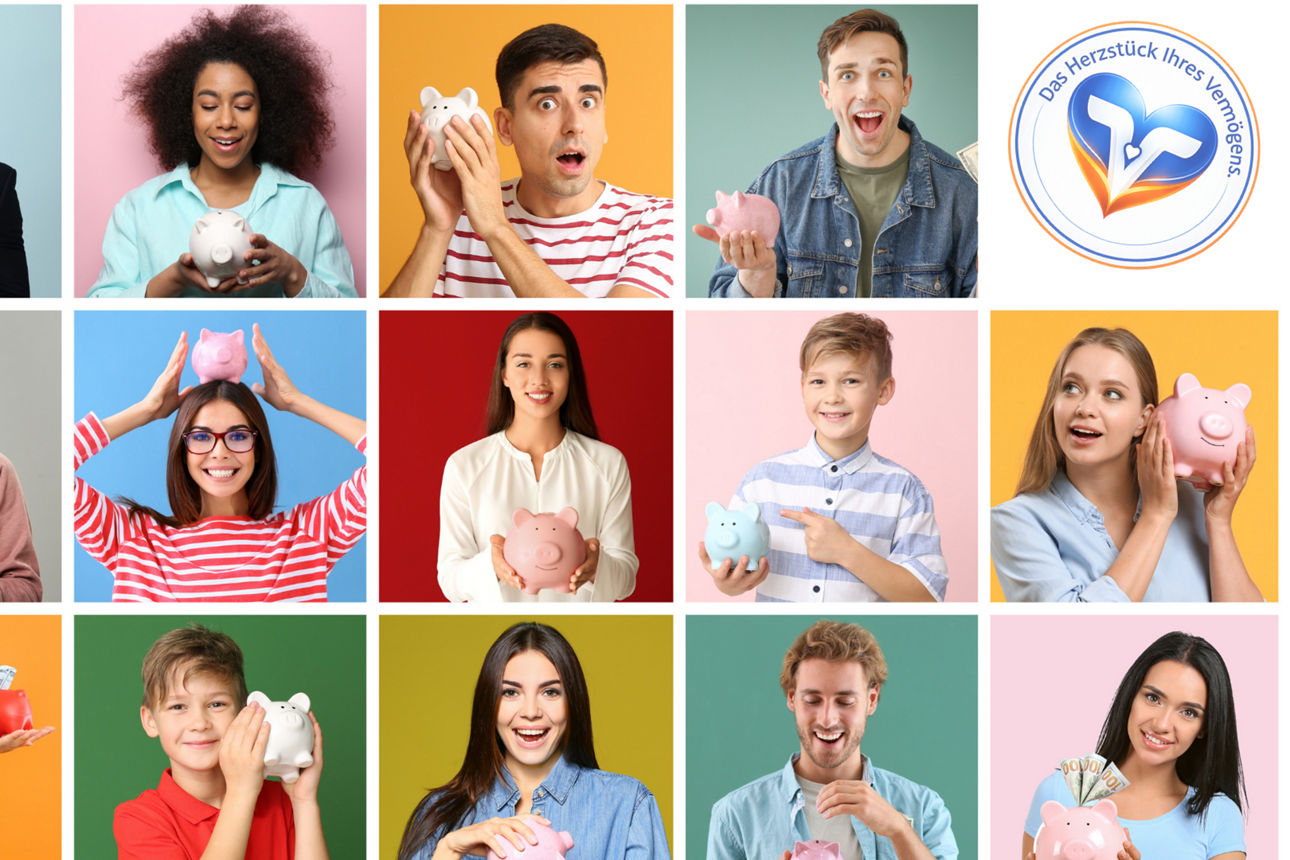 Viele verschiedene Menschen, halten ein Sparschwein in der Hand