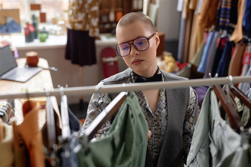 Modische Kundin in Vintage-Outfit wählt Second-Hand-Kleidung aus.