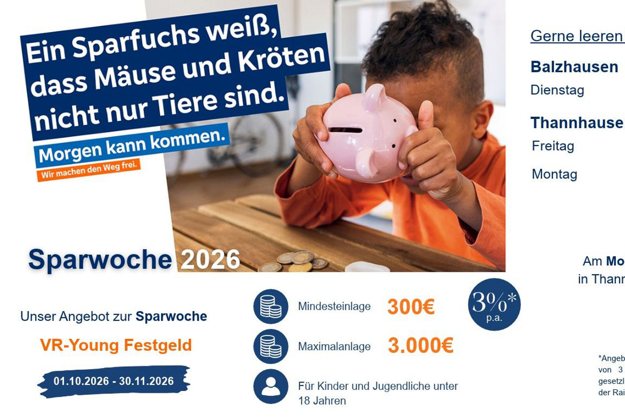 Plakat zur Sparwoche 2026 mit Angeboten für das VR-Young Festgeld, Terminen und Infos für Kinder.