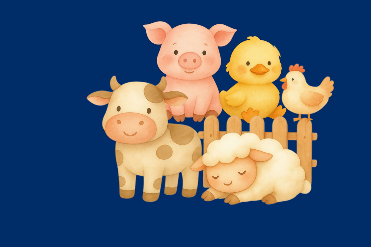 Illustration mit mehreren Bauernhoftieren vor einem Holzzaun auf blauem Hintergrund. Zu sehen sind eine Kuh, ein Schwein, ein gelbes Küken, ein Huhn und ein liegendes Schaf.