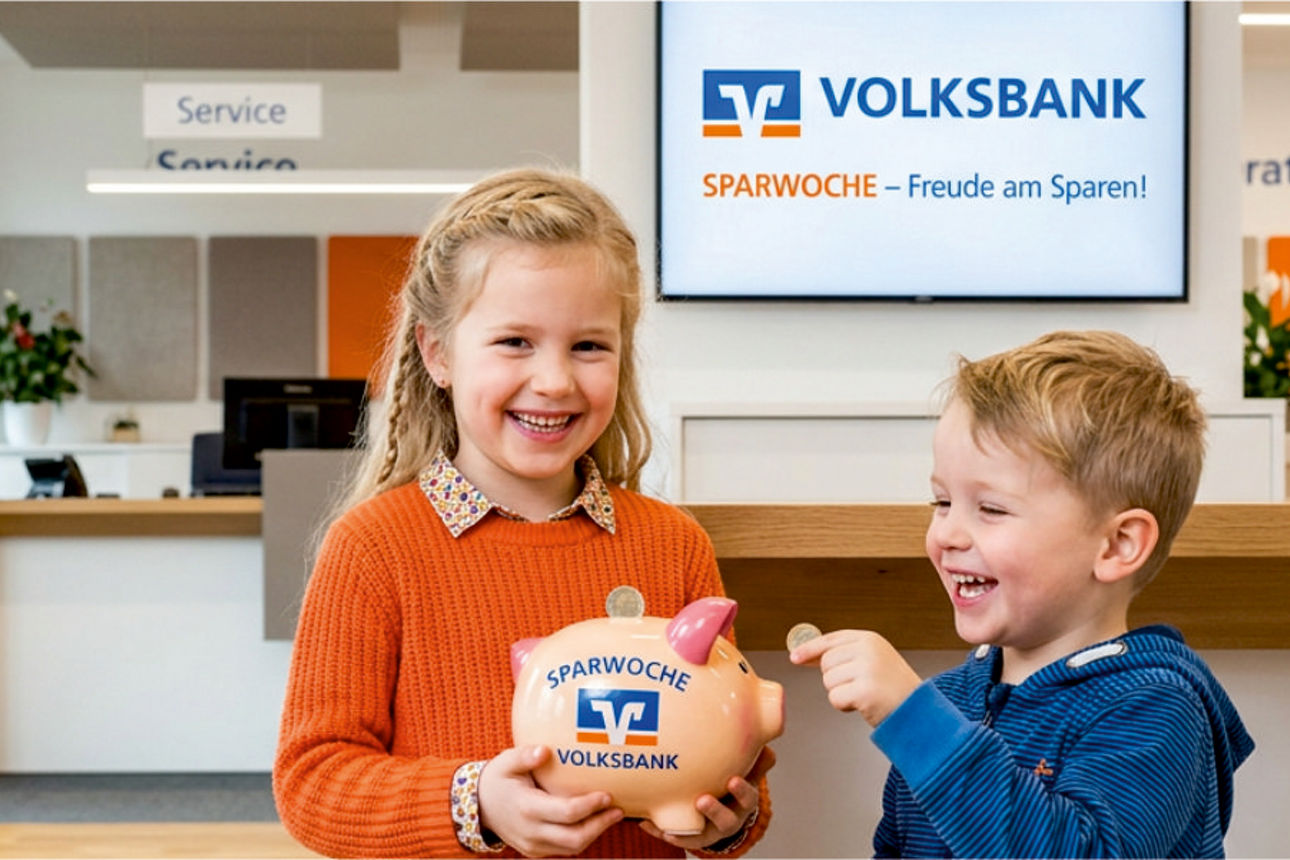 Sparwoche Kinderr mit einem Sparschein in einer Bankfiliale
