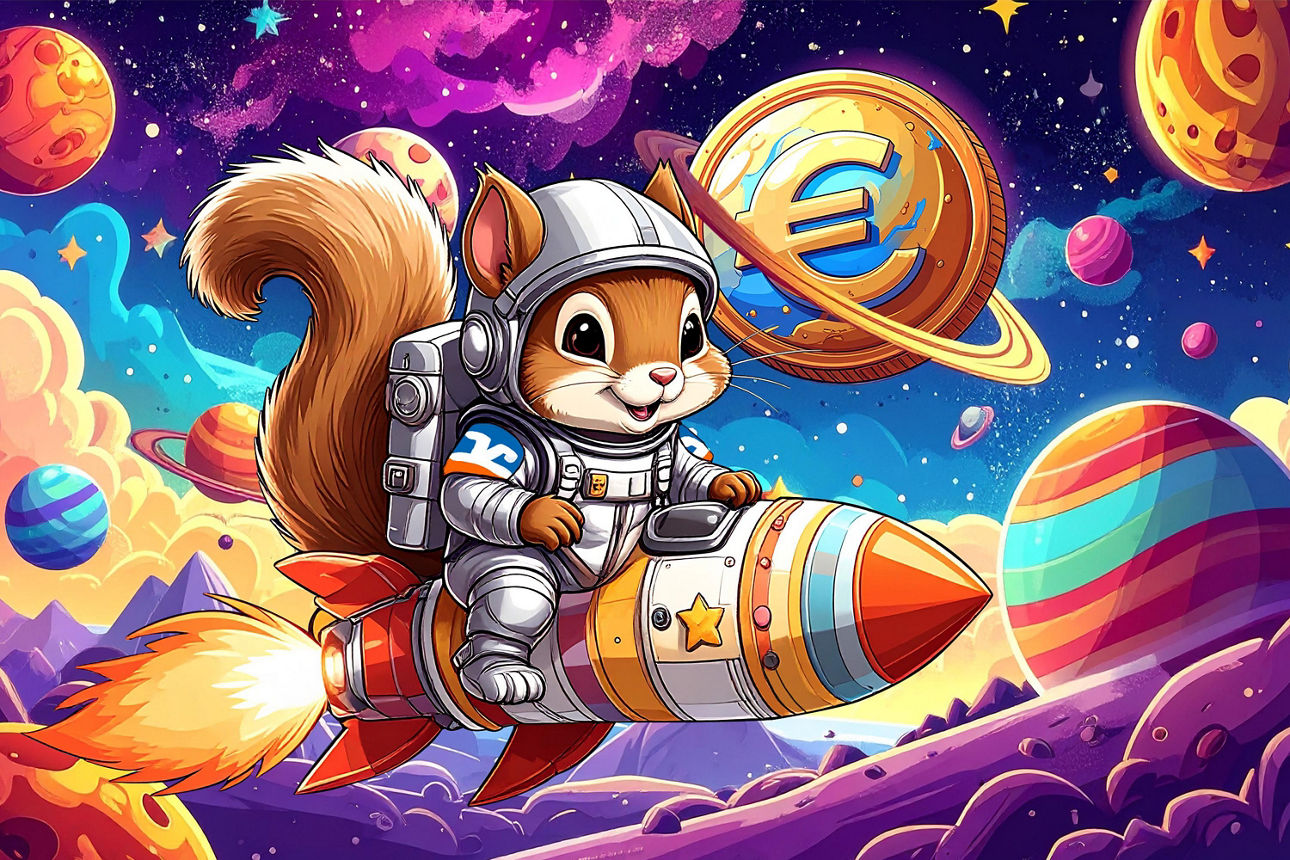 Das Volksbank Stuttgart Maskottchen Spacy auf einer Rakete