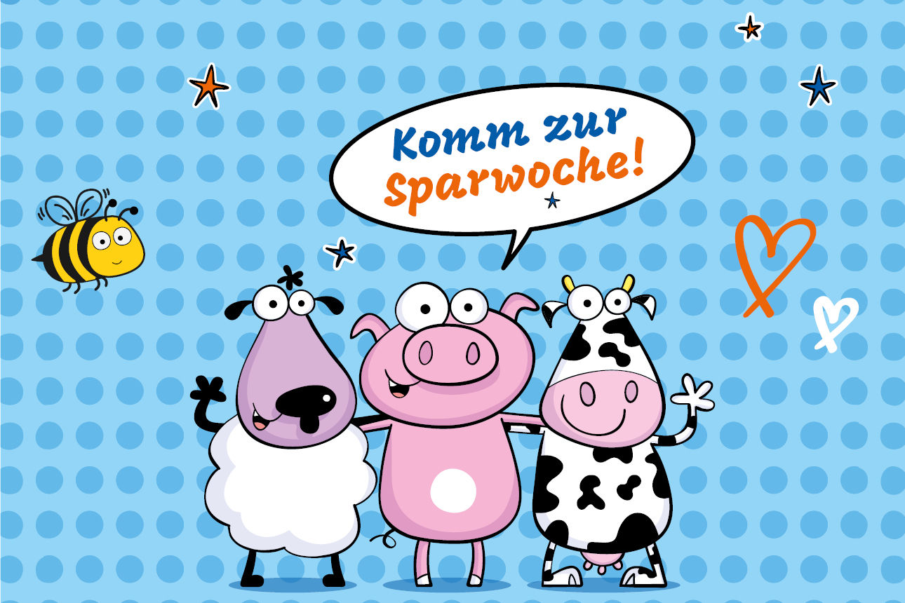Cartoon: Schaf, Schwein, Kuh & Biene vor blauem Hintergrund sagen in Sprechblase: „Wir sind Weltsparer!“