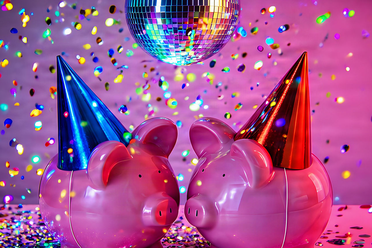 Sparschweine mit Partyhut feiern im Konfettiregen unter einer Discokugel