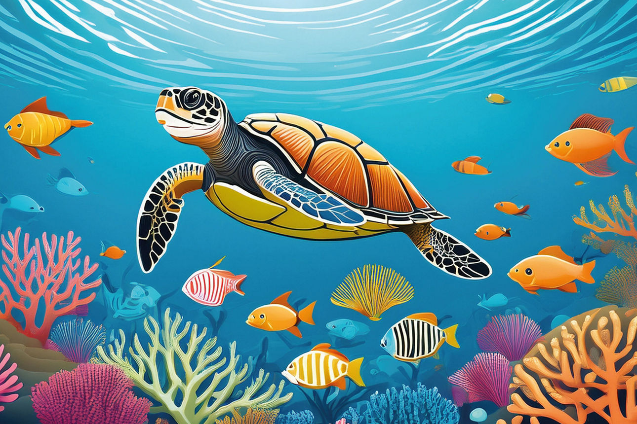 Bunte Illustration einer Meeresschildkröte zwischen tropischen Fischen und farbenprächtigen Korallen in einer lebendigen Unte