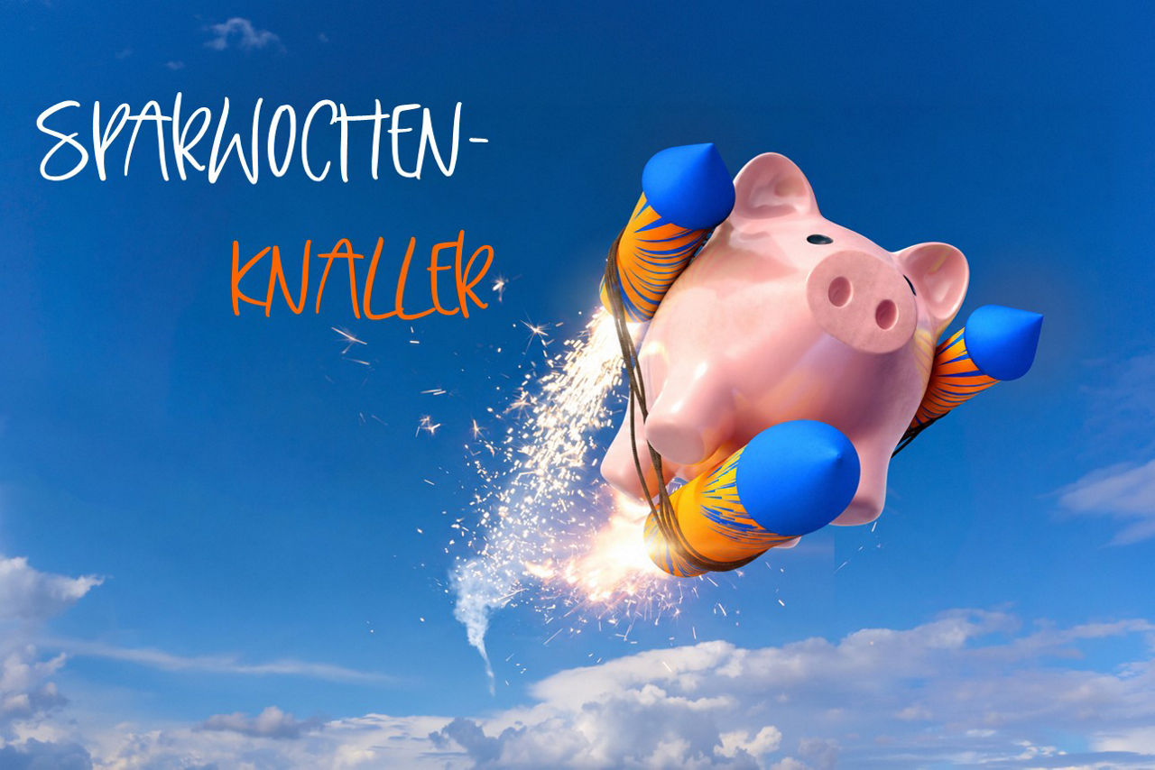 "Sparwochenknaller" - Sparschwein auf Rakete