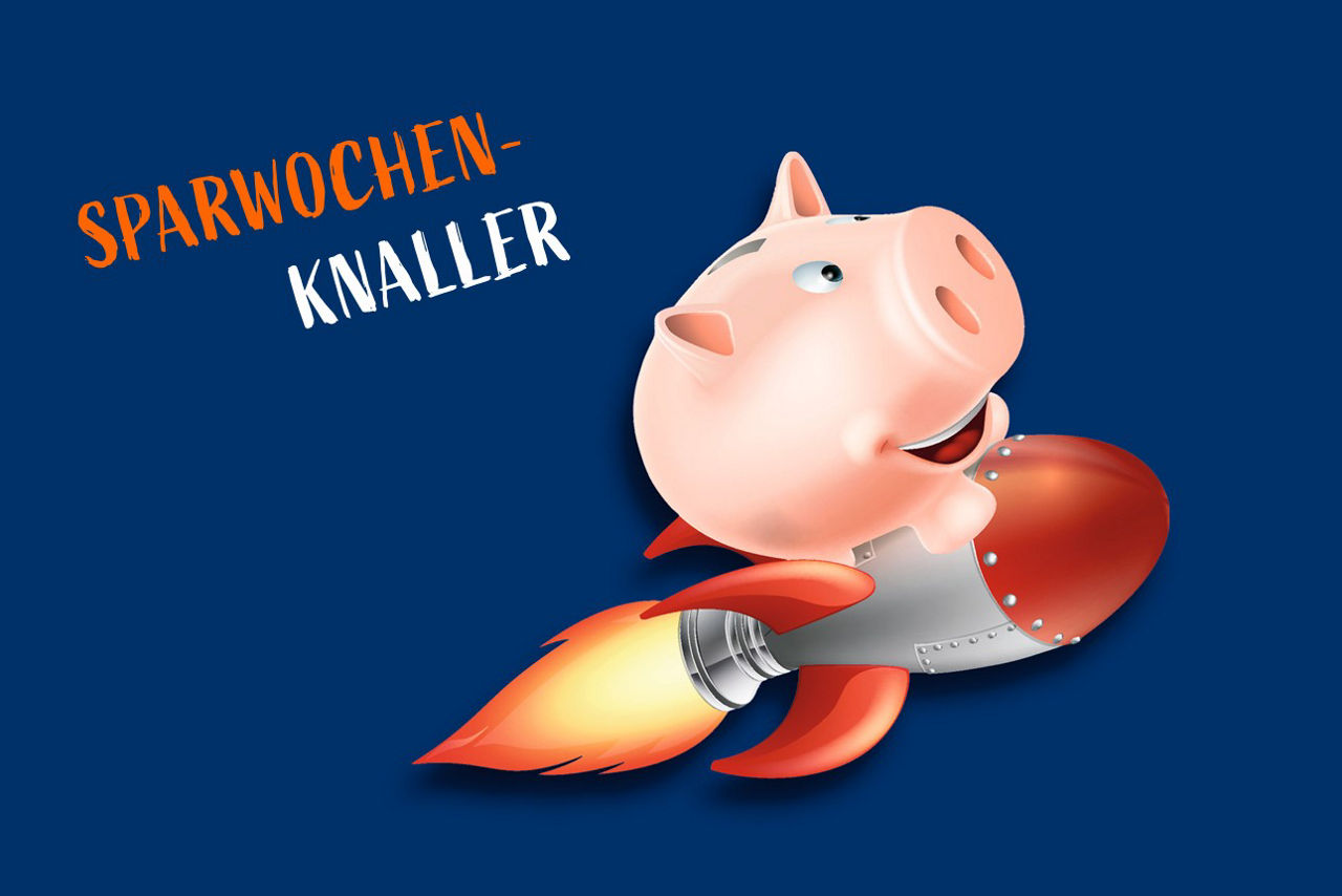 "Sparwochenknaller" - Sparschwein auf Rakete