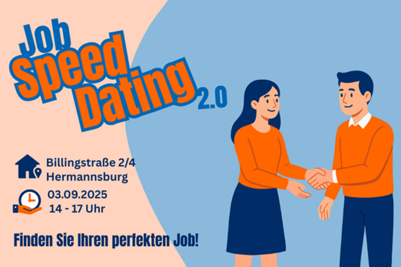 Anzeige Speed-Dating 2.0 am 03.09.2025 in Hermannsburg. Zwei Personen geben sich einen Handschlag.