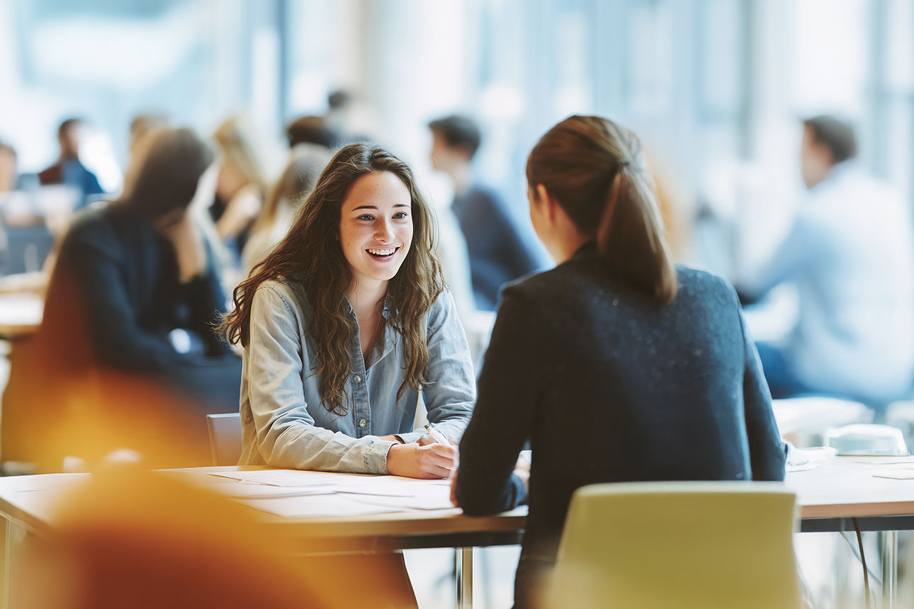Mädchen das sich an einem Tisch mit jemanden unterhält