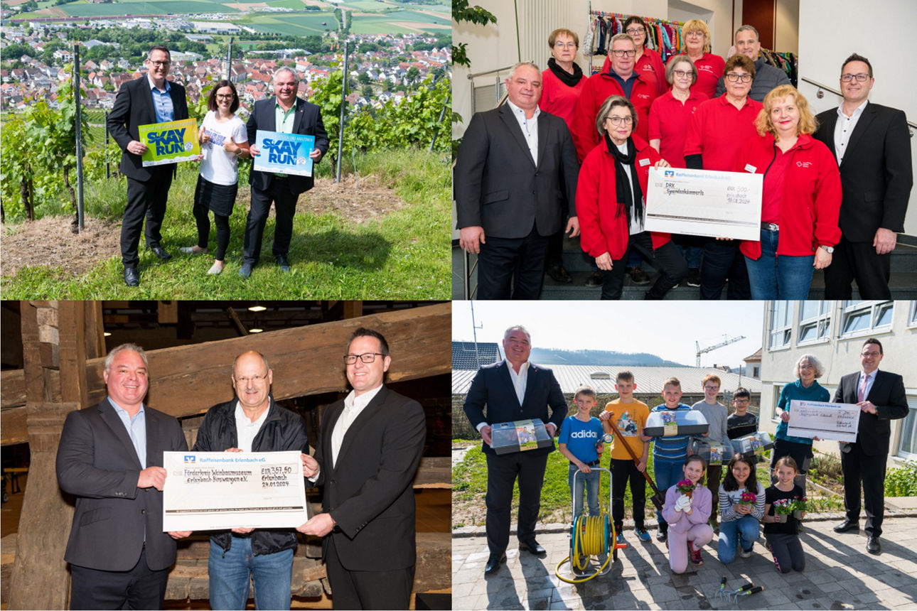 Fotocollage von Spendenübergaben an örtliche Vereine