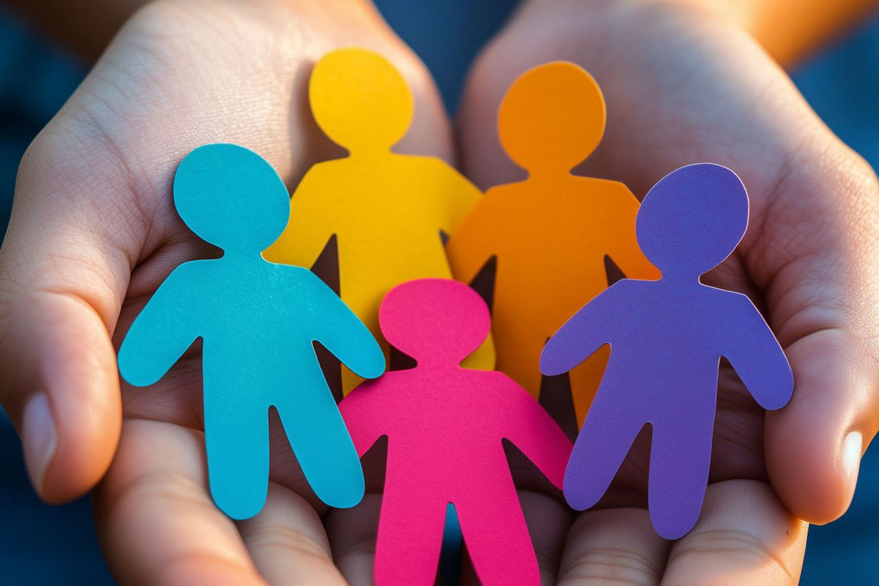 zwei Hände halten bunte Papierfiguren
