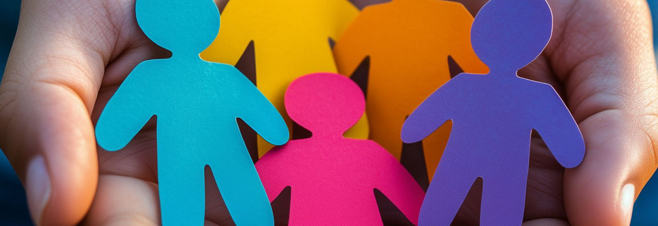 Zusammengelegte Hände die bunte Papiermännchen halten