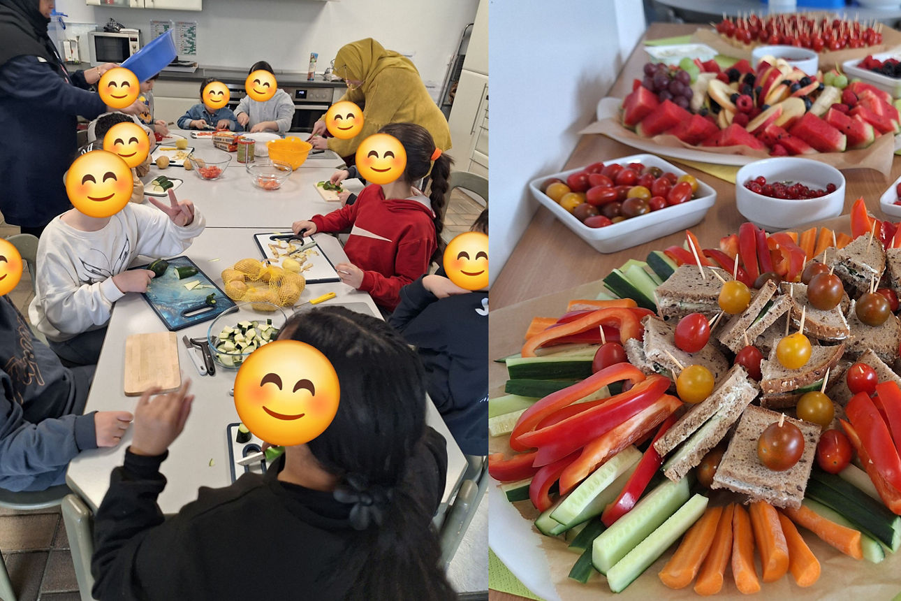 Kinder bereiten gemeinsam mit BetreuerInnen eine Mahlzeit vor