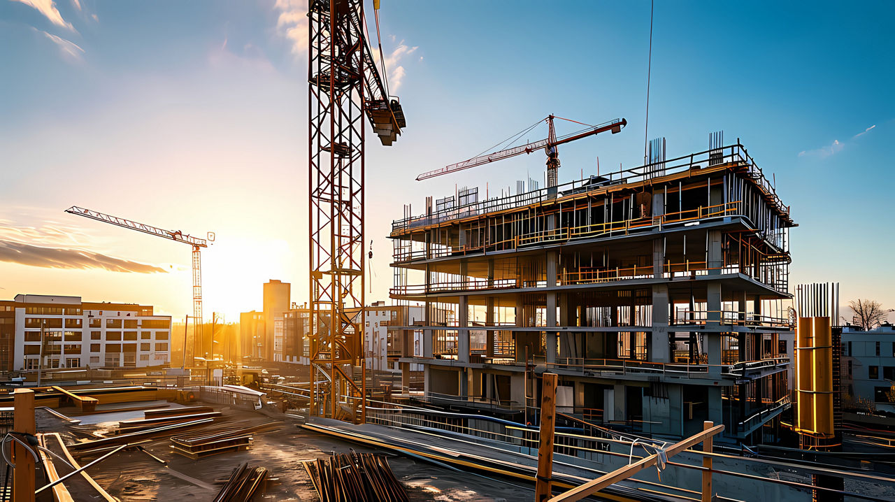Construction workers high above on a steel structure bathed in warm sunlight This image depicts hard work, progress, and teamwork in the construction industry. Ideal for industrial or infrastructure projects.