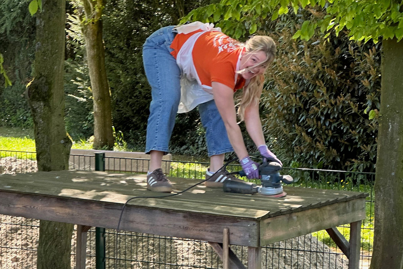 Eine Holzüberdachung wird von einer Frau abgeschliffen.