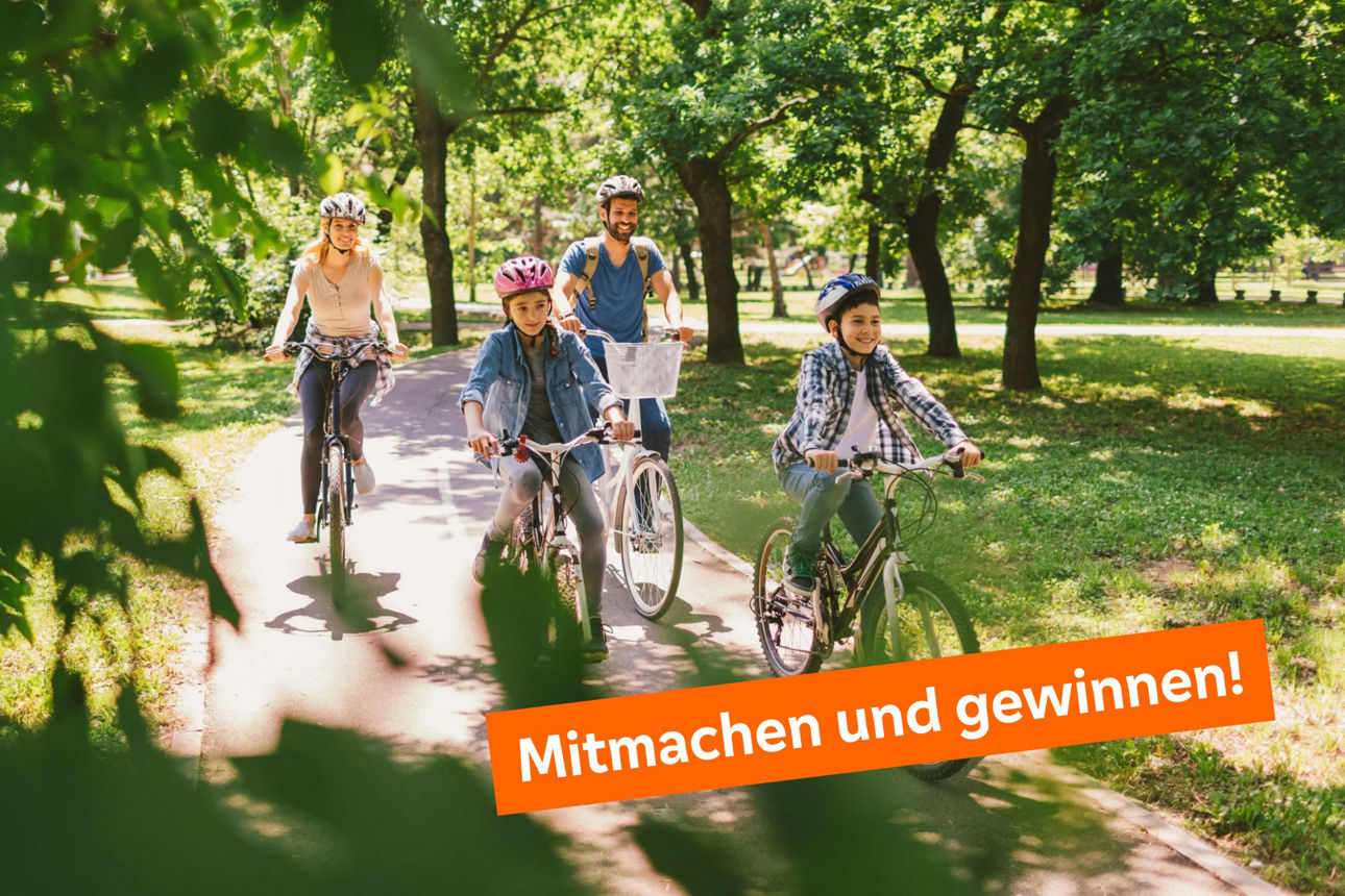 Familie auf Fahrrädern im Park bei Sonnenschein