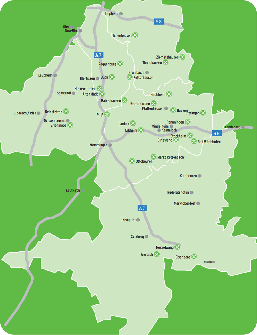 Grüne Übersichtskarte mit Standorten mit Straßenlinien