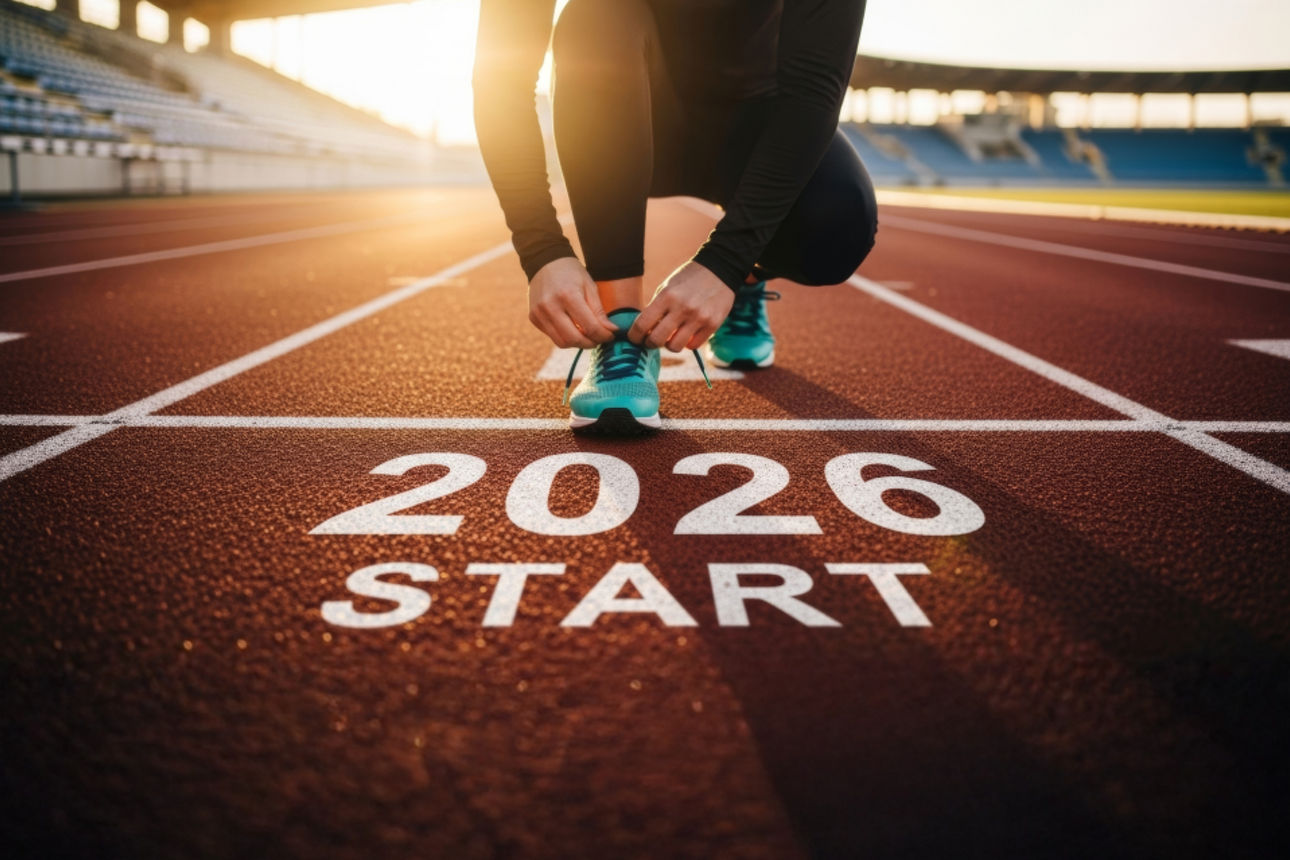 Ein Mann der die Startposition einnimmt.