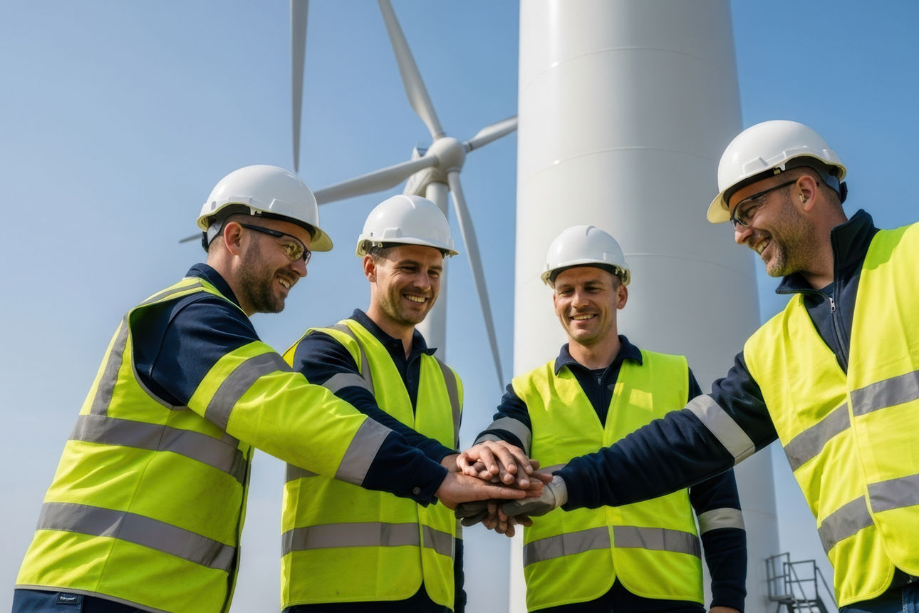 Vier Männer in Arbeitsbekleidung tun in die Hände zusammen vor einem Windrad Vier Männer in Arbeitsbekleidung tun in die Hände zusammen vor einem Windrad