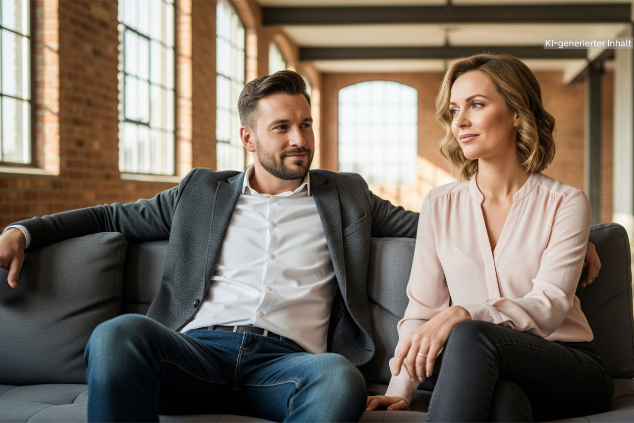Mann und Frau sitzen auf einem Sofa in einem Loft
