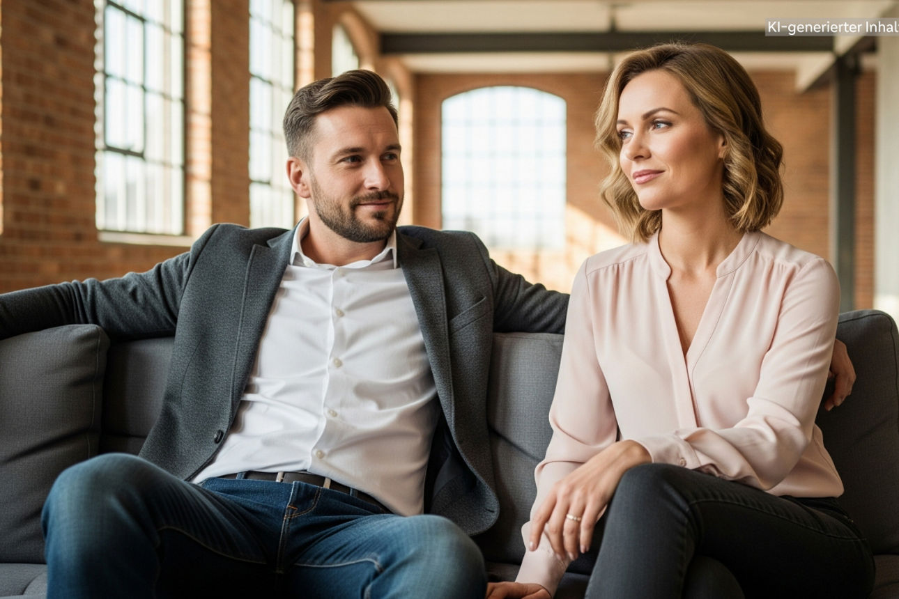 Mann und Frau sitzen auf einem Sofa in einem Loft