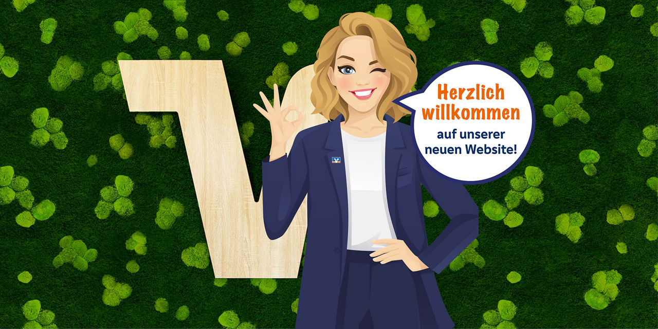 Eine Frau in blauem Anzug zeigt eine "Okay"-Geste vor grünem Moos, mit der Sprechblase "Herzlich willkommen auf unserer neuen Website".