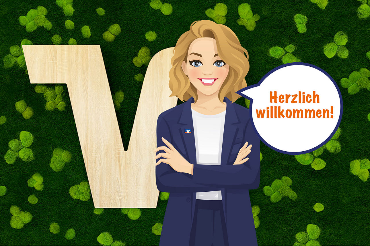 Eine Frau als Comicfigur in blauem Anzug vor grünem Moos, mit der Sprechblase "Herzlich willkommen"