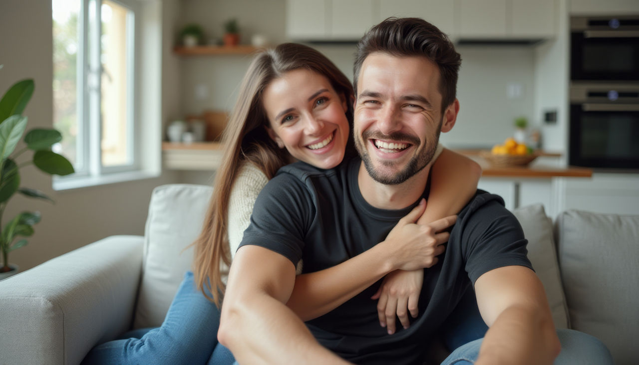 Fröhliches Paar umarmt sich herzlich auf einem gemütlichen Sofa
