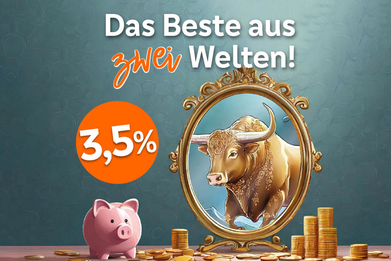 Die Aufschrift "Das Beste aus zwei Welten" und "3,5%" mit einer Grafik mit Sparschwein und Bulle