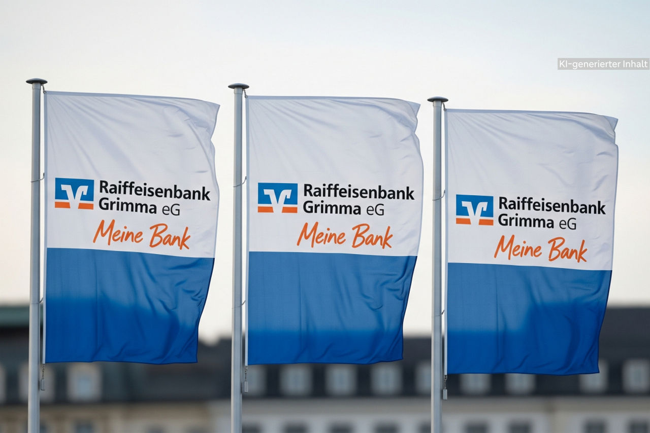 3 Fahnen mit Logo Raiba Grimma wehen vor urbanem Hintergrund