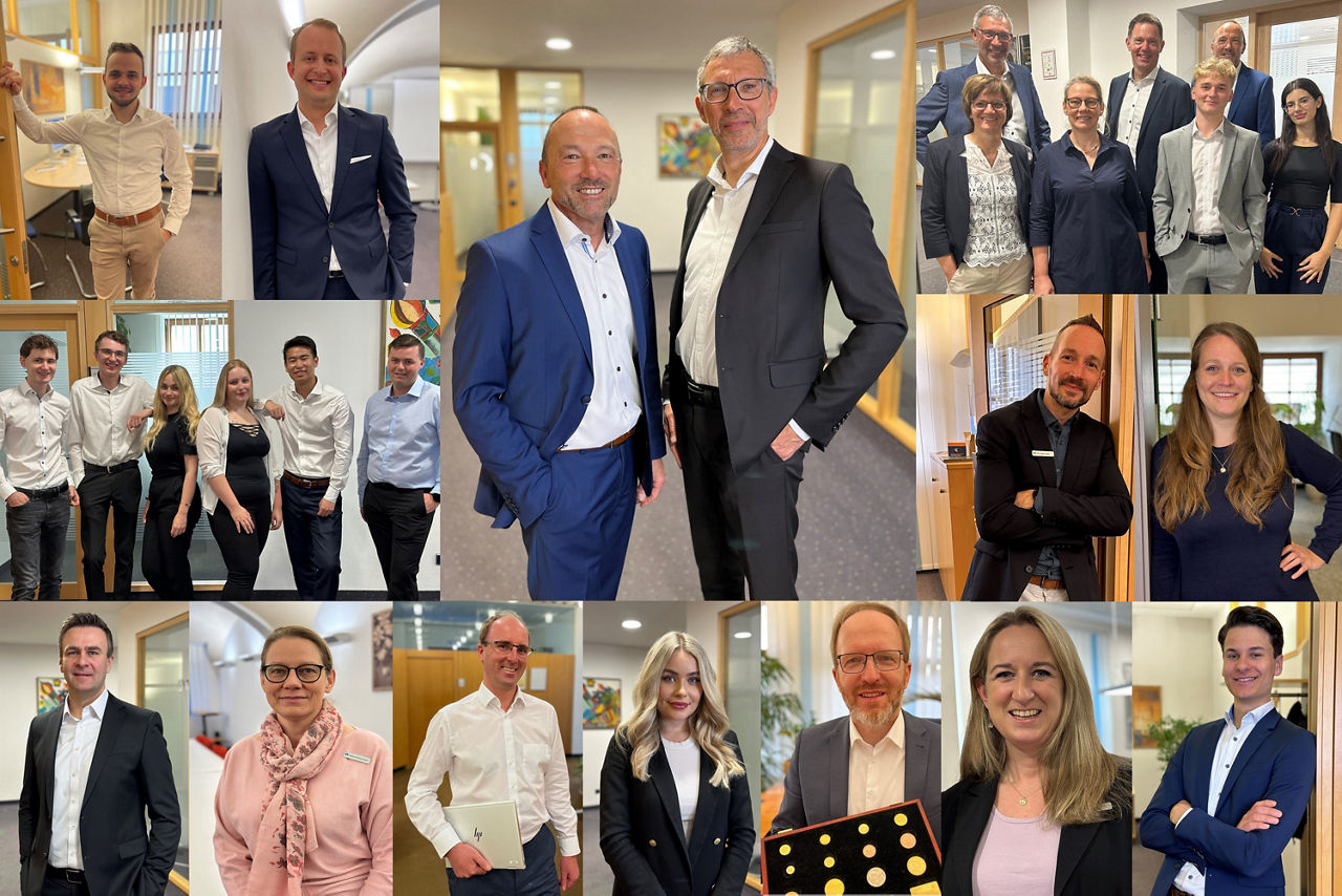 Eine Collage mehrerer Mitarbeiter der Bank. Sie tragen Business Kleidung. In der Mitte der Collage sind die Vorstände zu sehen. Alle lächeln.