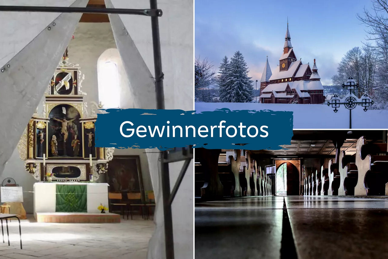 Drei Fotos von Kirchen aus verschiedenen Perspektiven, darüber der Schriftzug "Gewinnerfotos".
