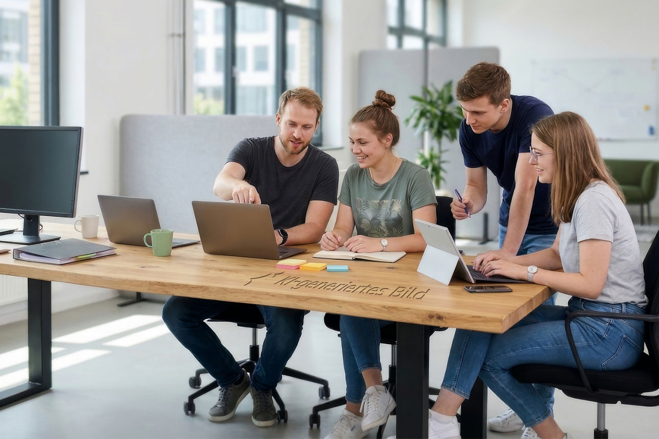 Vier junge Menschen in casual Kleidung sitzen und stehen gemeinsam an einem großen Holztisch in einem hellen, modernen Büro und arbeiten lächelnd an Laptops. Bild KI-generiert.