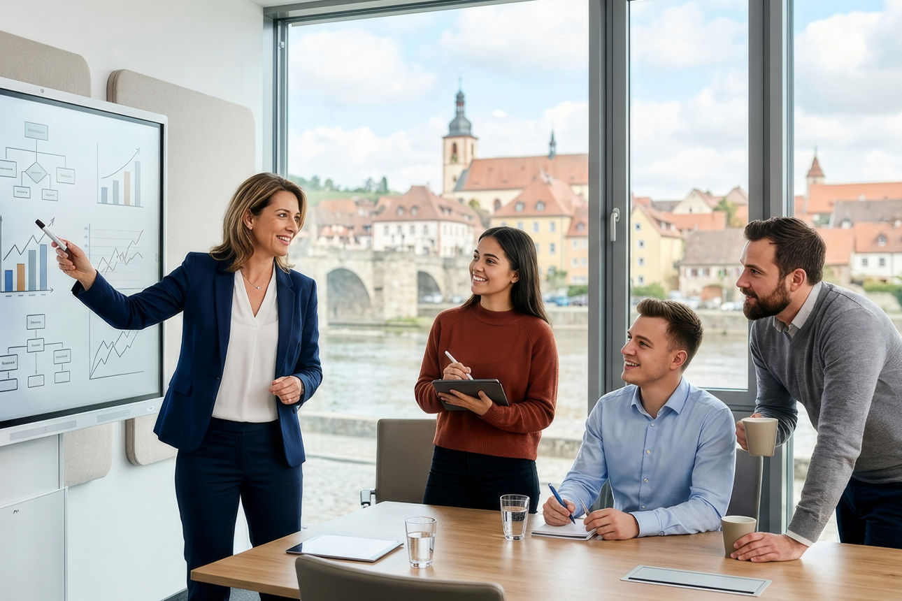 Eine lächelnde Führungskraft im Business-Outfit präsentiert Diagramme auf einem digitalen Whiteboard vor drei engagierten Teammitgliedern in einem modernen, hellen Besprechungsraum. - Erstellt mit KI